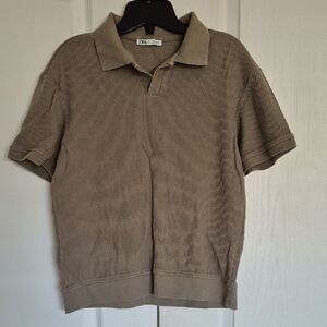 Zara Men's Ribbed Sage Green Polo Short Sleeves Shirt